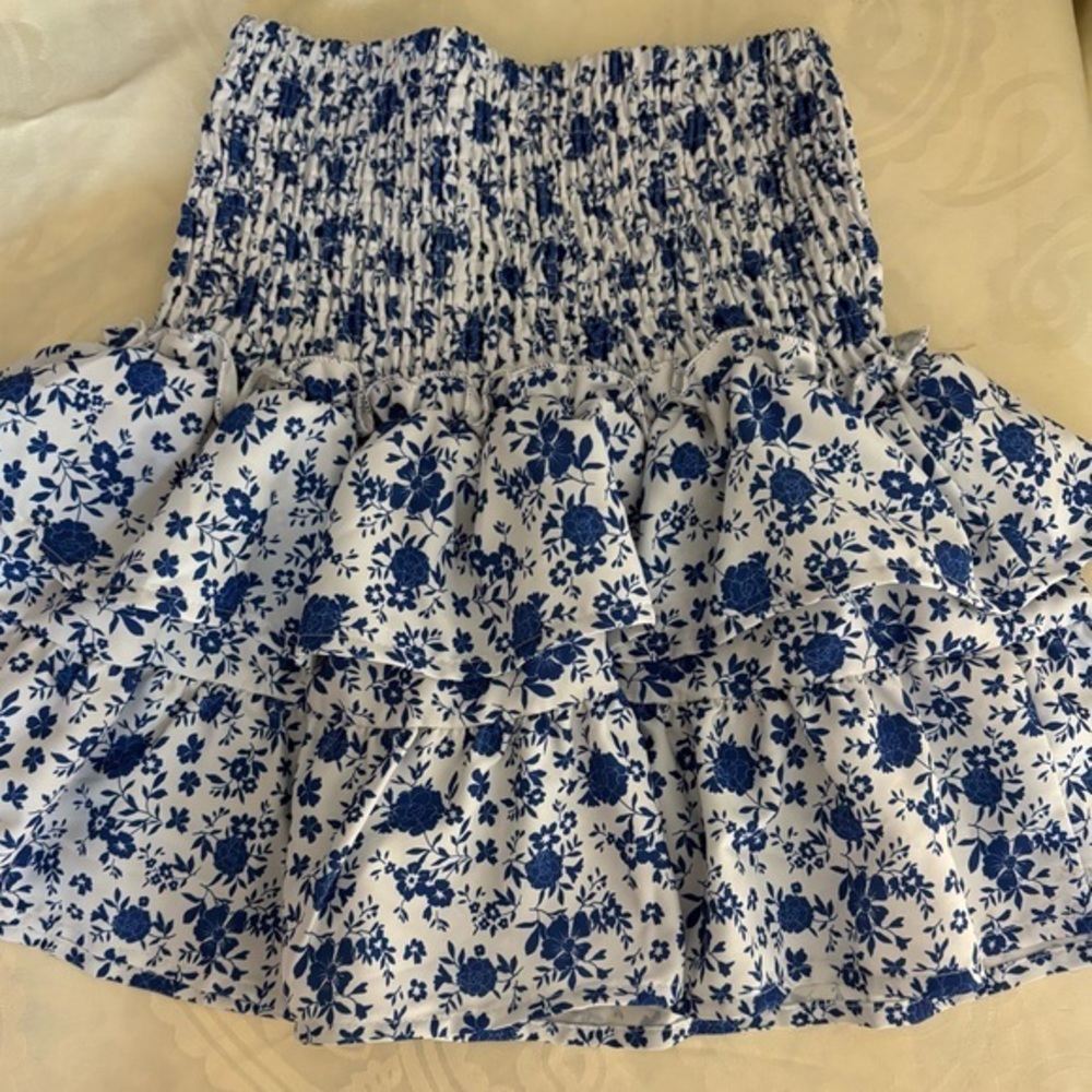 Blue & white summer Floral bohoTiered Ruffle mini skort